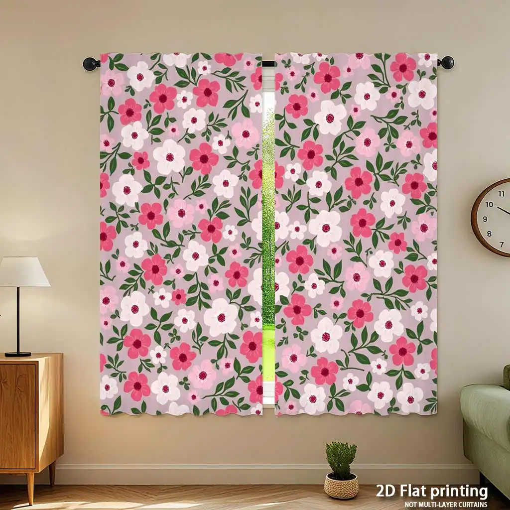 2pc Blush Pink Floral Pattern Curtains Romantic Cottagecore Window Panels Decorative Curtain for Bedroom and Living Room Home De