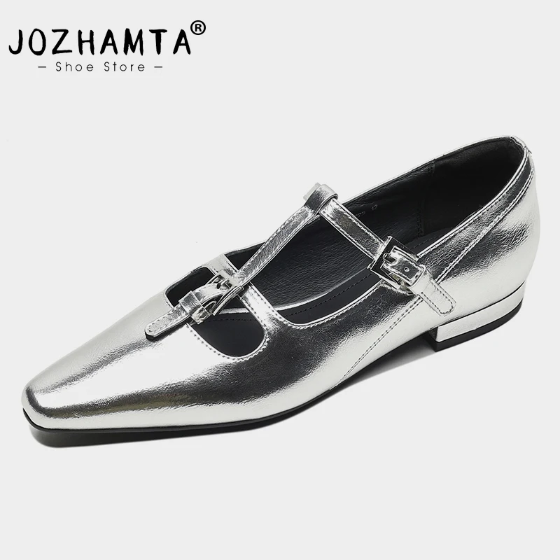 JOZHAMTA Size 34-39 Women Flats Shoes Real Leather T-Strap Chunky Low Heels Spring Shoes 2025 Ins Silver Casual Daily Loafers