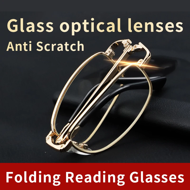 Folding Reading Glasses With Leather Cases for Women Men, Anti Scratch Glass optical lenses Spectacles With Gold Wire Frames