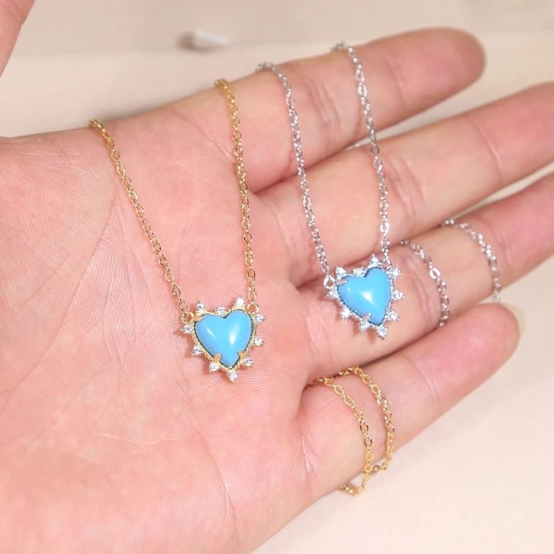 Fashion Heart Shaped Necklace For Women Big Single Turquoises Stone Simple Classic Jewelry