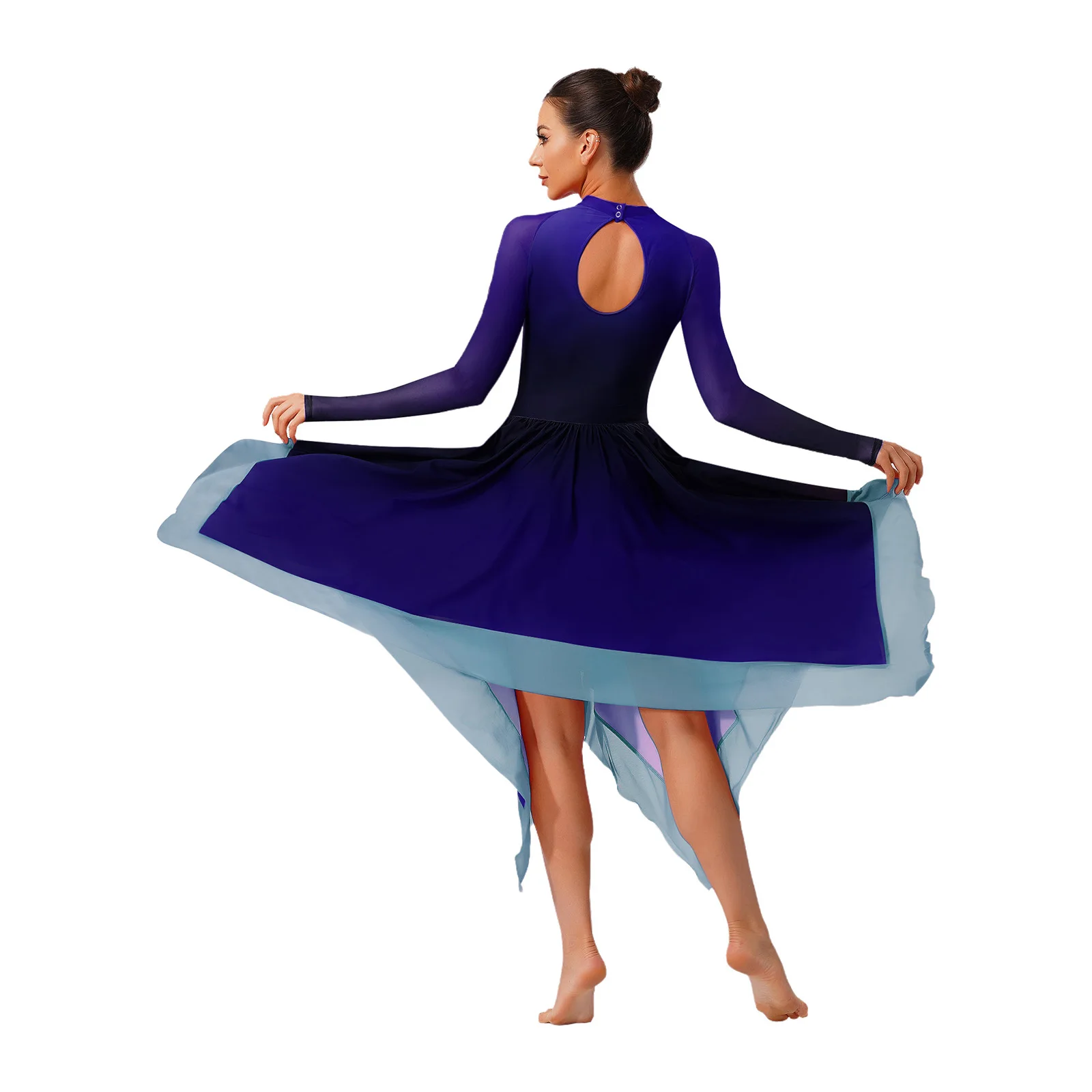 

New Women Lyrical Dance Gradient Dress Mesh Long Sleeve Irregular Hem Back Keyhole Leotard Dress for Figure Skating Modern Dance