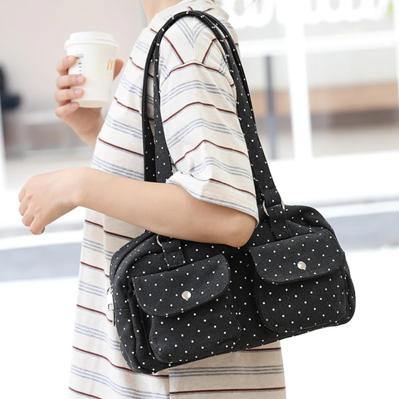 Mehrfach-Taschen-Schultertasche mit Polka Dots, Damen-Canvas-Tragetasche, Koreanische Lässige Süße Niedliche Pendler-Einkaufs-Reisetasche – Detail 10