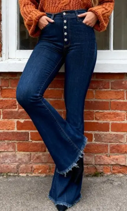 

Vintage Hong Kong Style Elegant Fashionable Street Style Women's High Waisted Button Down Front with Brushed Design Flared Jeans