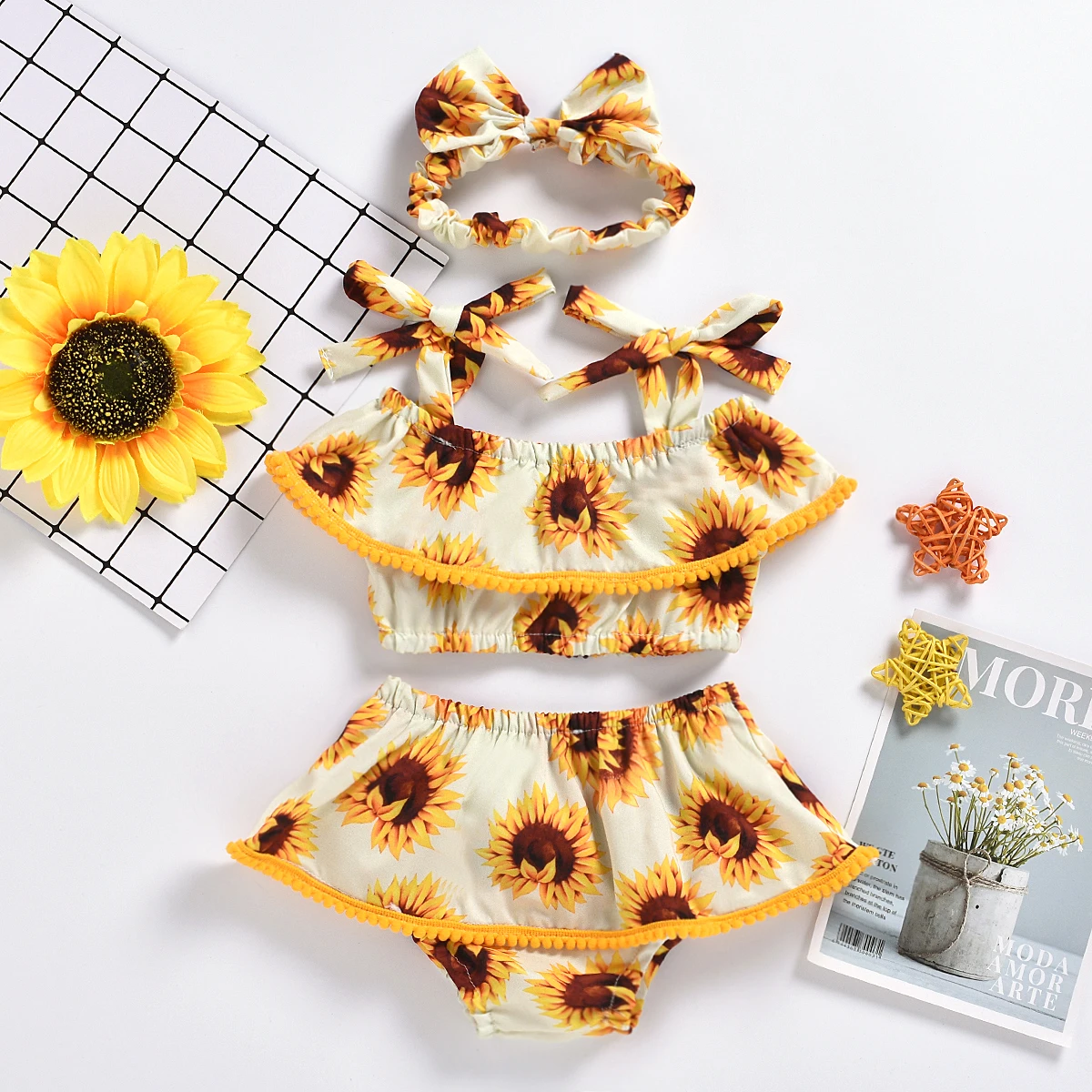 

3 шт., Осенний желтый милый топ на одно плечо с принтом подсолнухов для маленьких девочек, короткое платье с лямкой на шее, комплект из трех предметов
