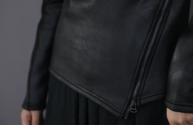 Dark Style Irregular Stand Collar Diagonal Zipper Faux Leather Sweatshirt Female Cool Black Gothic Jacket Fleece Lining Pullover