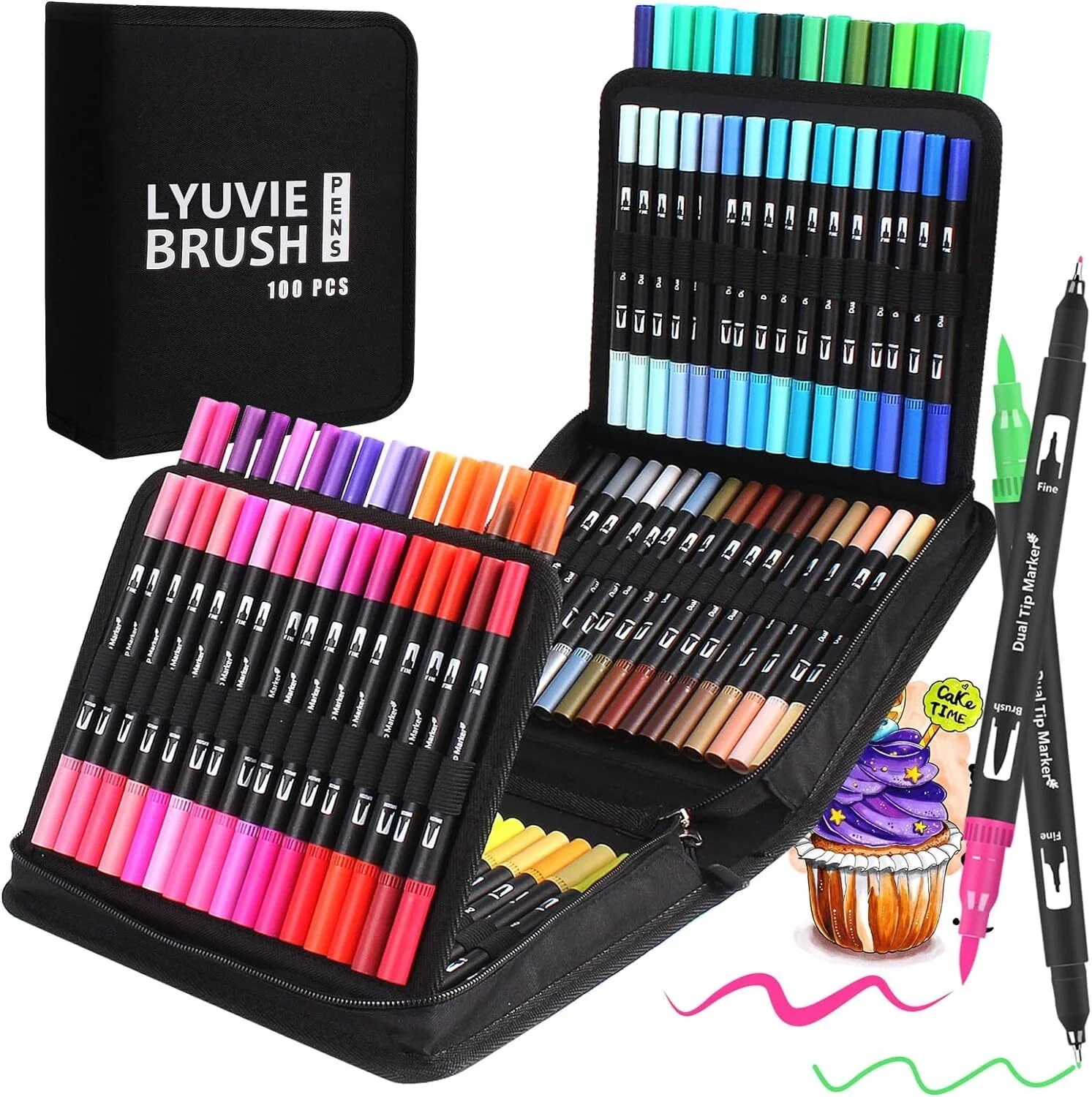 Lot de 100 stylos pinceaux à pointe feutre, double pointe, épaisses et fines, pour calligraphie, manga, livres de coloriage, stylos à pointe fibre et feutre, ensemble de stylos double pointe épaisses et fines pour calligraphie, peinture et dessin