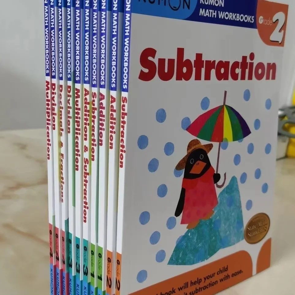 10Books/set Kumon Document Style Education Math + Writing + Reading Exercise Book for Grades 1-4