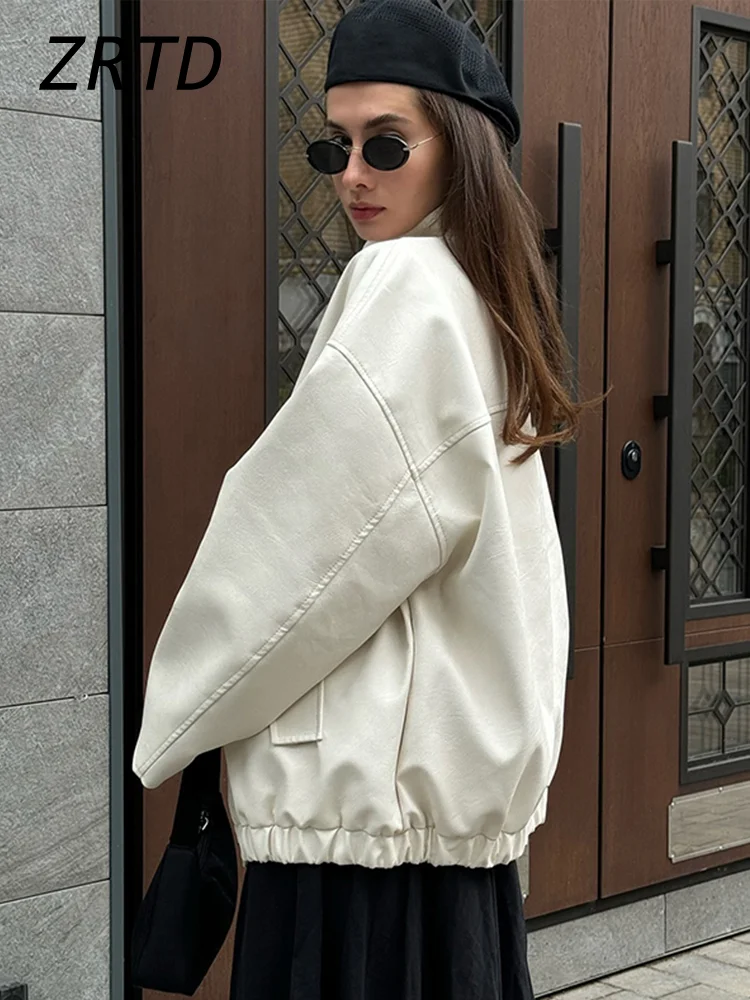 Chaqueta elegante de cuero blanco para mujer, abrigo informal de manga larga con cuello levantado y una hilera de botones para mujer, prendas de vestir de calle para otoño 2024