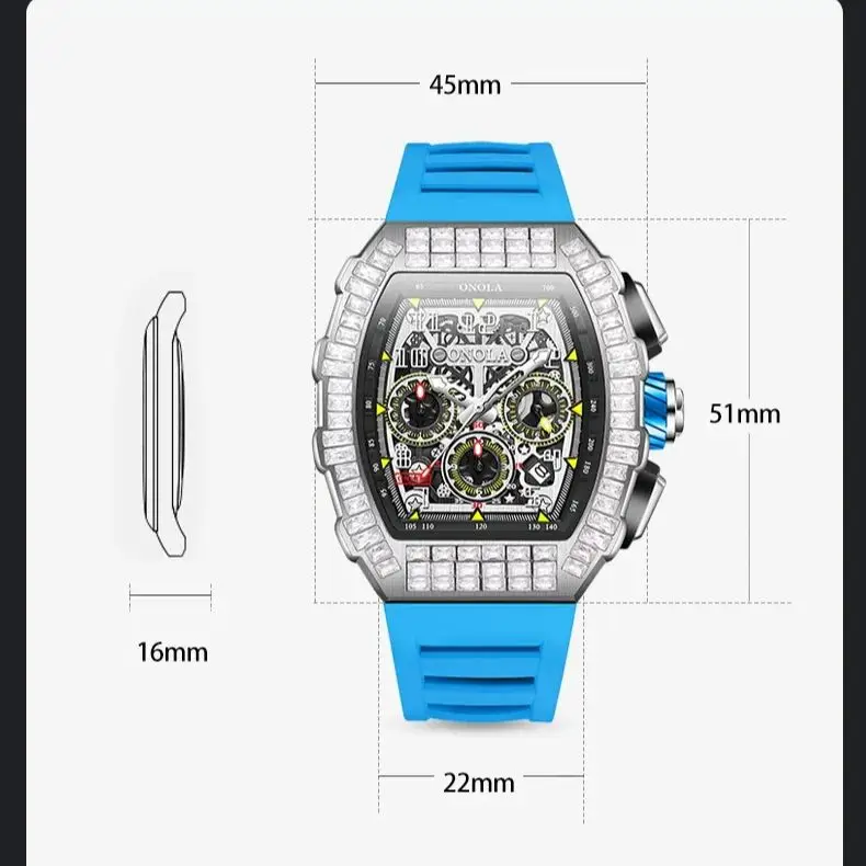 ONOLA Fashion Iced Watch For Mens Sports Tonneau Diamond Clocks Multifunctional Automatic Mechanical Wristwatch Man Dropshipping