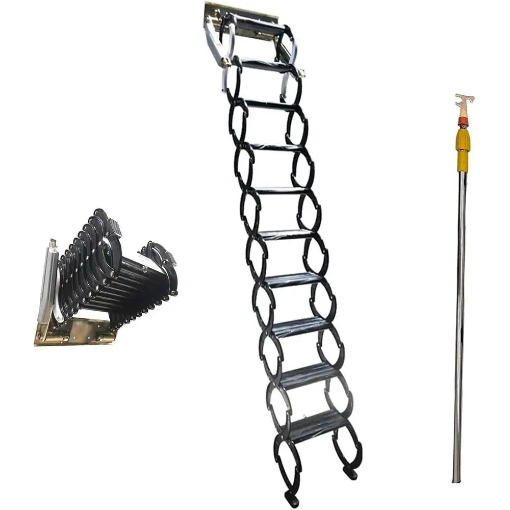 

Compact Wall-Mounted Ladder, 12 Steps, Aluminum-Magnesium Alloy, 8.2-9.8ft, 660 lbs Capacity, 15.75x5.5in Tread, Black Finish