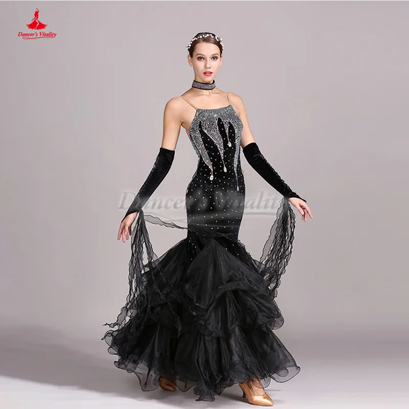 Waltz Foxtrot Tango Quickstep Professional Modern Big Swing Dresses with Necklace Ballroom Dance Performance Competitions Clothe