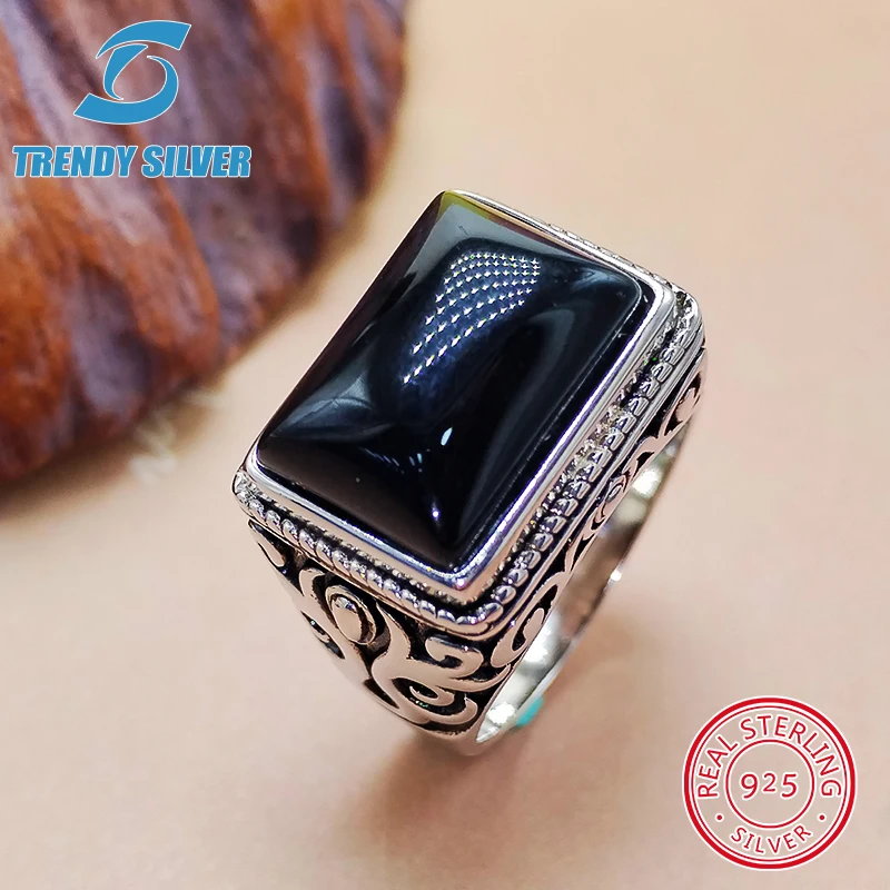 luxury Mens Man rings real 925 sterling silver certified original jewelry for men natural gemstone black onyx stone ring male