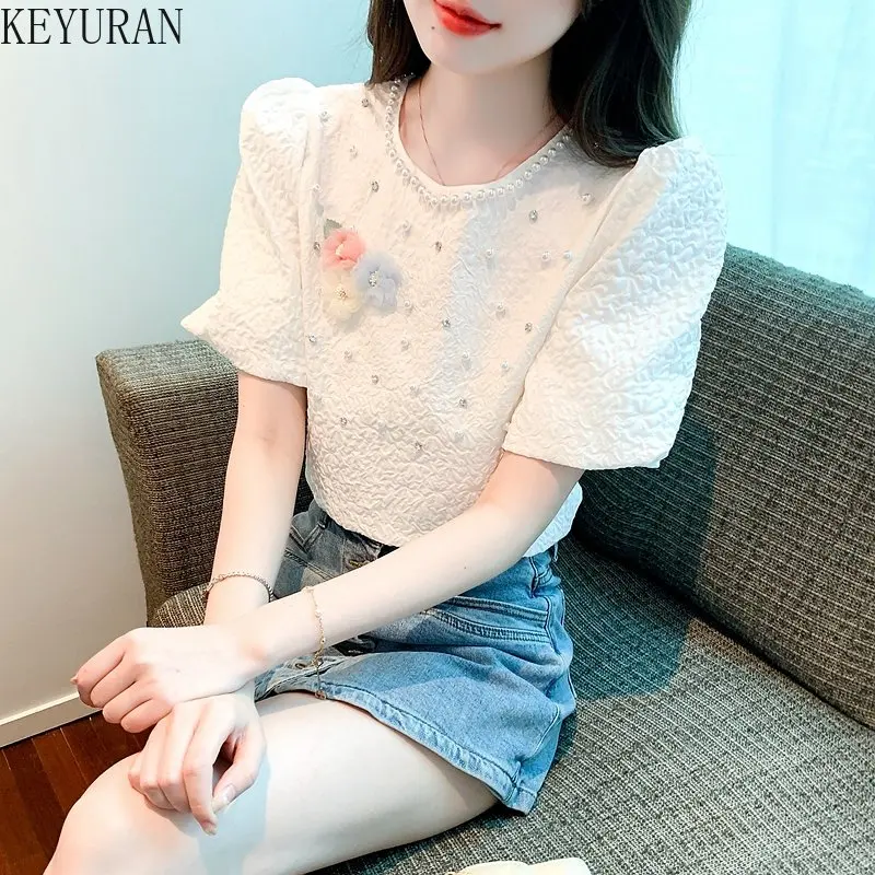 2023 Summer Tshirt Women Vintage Fashion White Peals Beaded Three-dimensional Flower Bubble Short Sleeve T-shirts for Women Tops