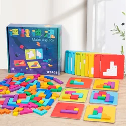 128 Pcs/set 3D Wooden Puzzles Colorful Tangram Parent-child Interaction Board Game Kids Concentration Training Educational Toys