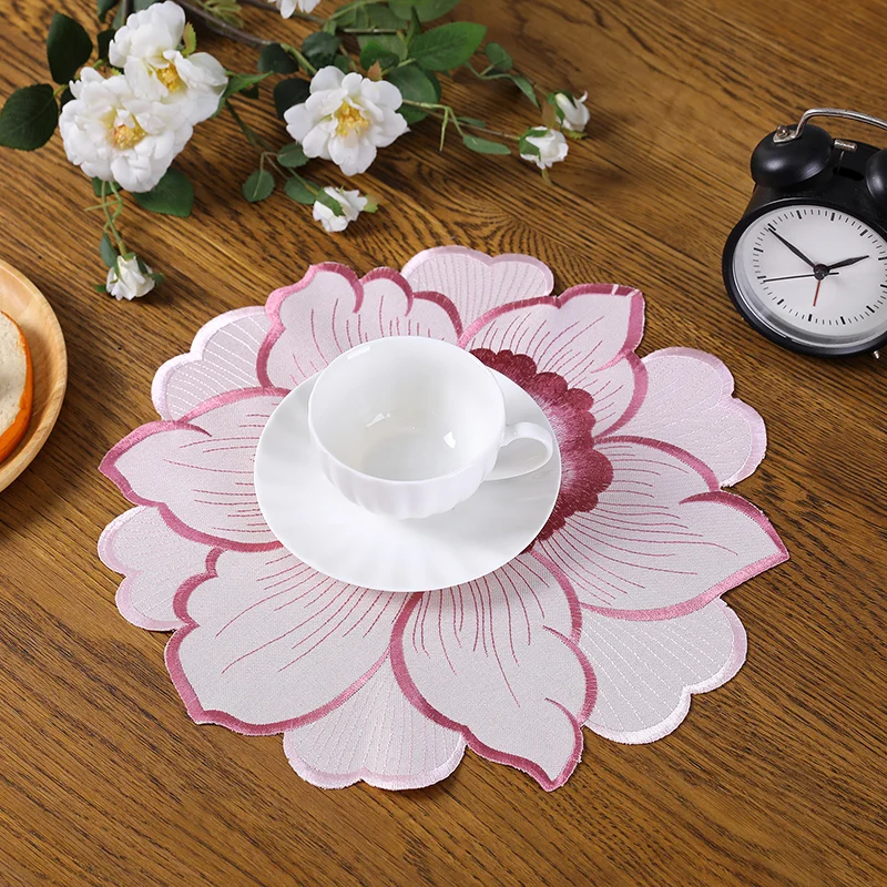 Hot Super Lily Flowers Embroidery Placemat Cup Mug Tea Pan Coaster Kitchen Dining Table Place Mat Lace Doily Wedding Drink Pad