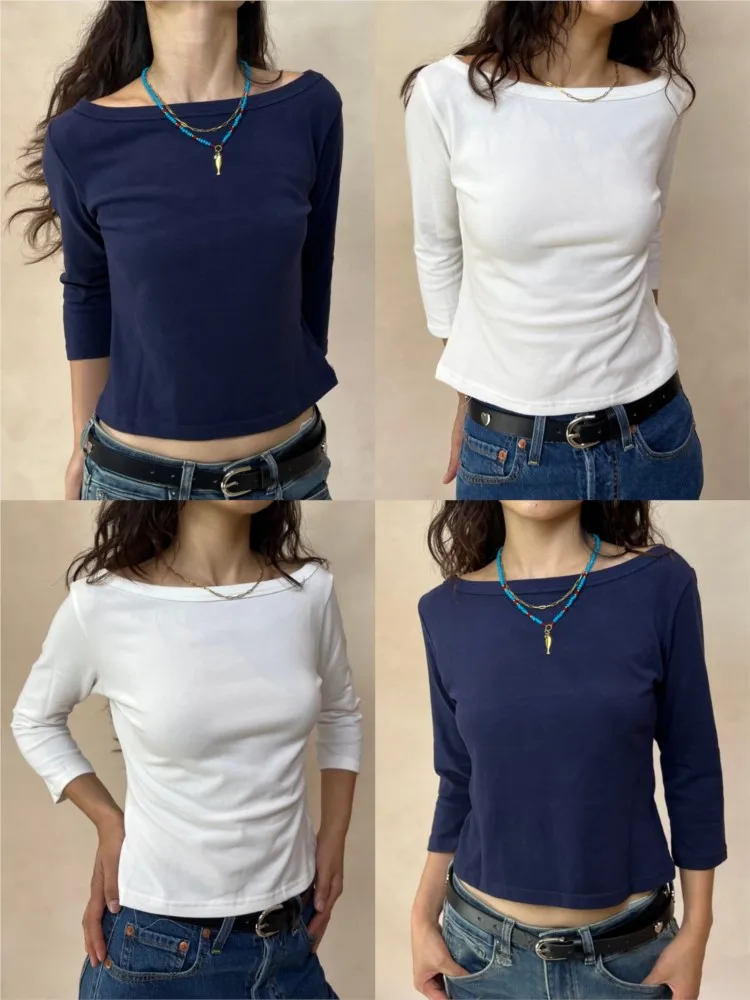 بسيطة ثلاثة أرباع كم تي شيرت امرأة الخريف الصلبة الأساسية مائل الرقبة القطن سليم المحاصيل الأعلى الإناث عادية كل مباراة تي شيرت