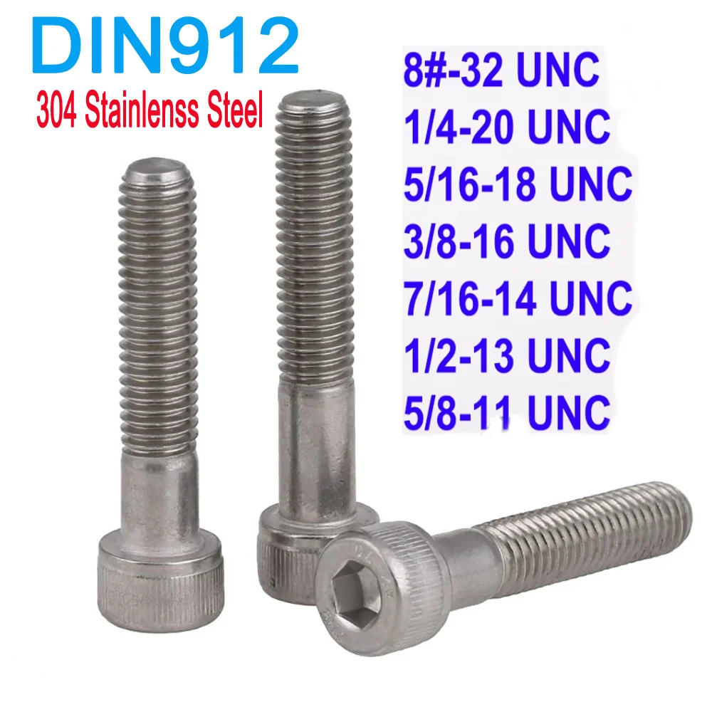 

8#-32 to 5/8-11 UNC SUS304 A2 Stainless Steel Hex Socket Knurled Cap Head Bolt Allen Key Screws Partial Thread DIN912