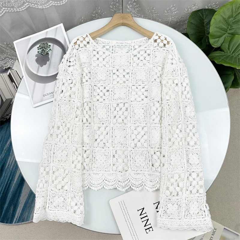 

Женский топ из чистого хлопка в французском стиле, вязаный, с коротким рукавом, круглым вырезом, ажурный, с длинными рукавами, удобный для повседневной носки, модный дизайн