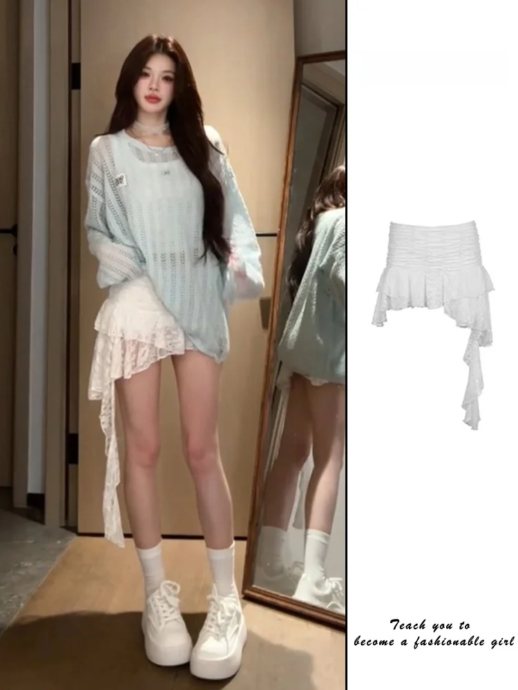 

Белая юбка с кружевной отделкой в американском стиле, женские весенне-летние утягивающие асимметричные юбки с высокой талией