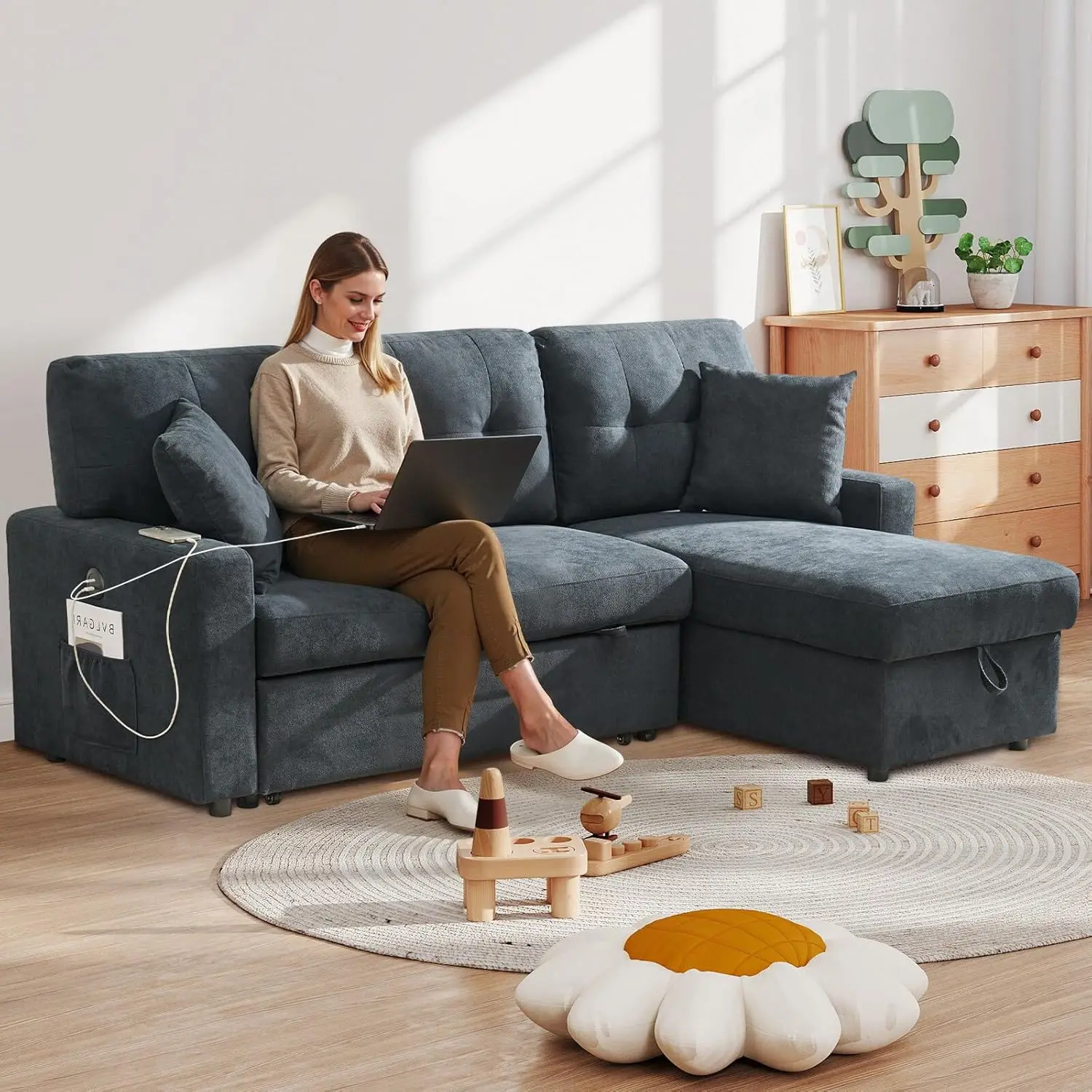 أريكة على شكل حرف L مع مساحة تخزين، سرير أريكة قابل للسحب مع منافذ USB من النوع C، أريكة نوم قابلة للتحويل #2