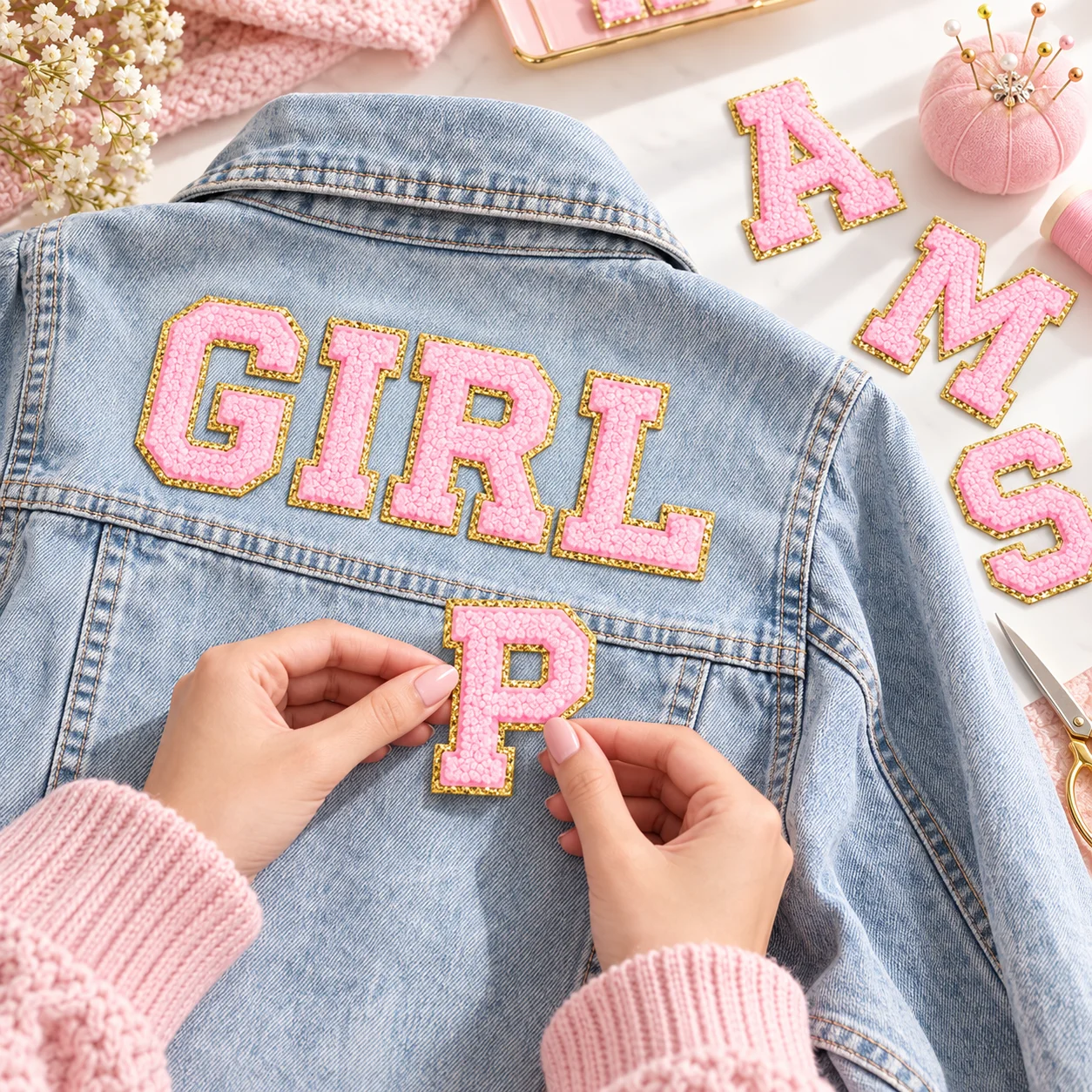 Pink Letter Patches Self Adhesive Gold Glitter Border Alphabet Number Iron On Patches for Clothing Jacket Bags DIY Decoration