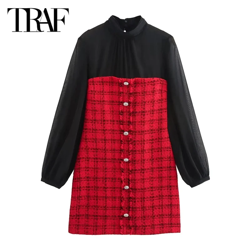 TRAF Women\'s Dresses Red Plaid Short Dresses 2024 Autumn Mini Rhinestone Button Up Long Sleeve Dresses Elegant Casual Dresses