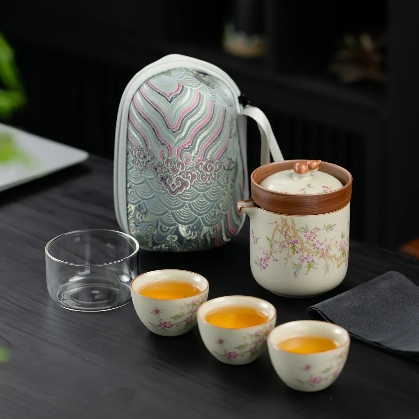 Chinese Style Floral Ceramic Travel Tea Set - 1 Pot 3 Cups with Heat-Resistant Glass & Embroidered Carry Bag for Outdoor Camping