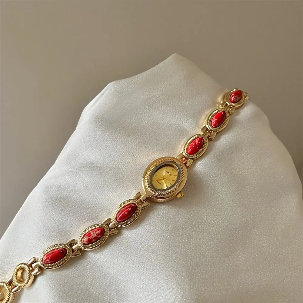 Vintage Colored Gemstones Ladies Watch Oval Luxury Quartz Watch Elegant Gift Bracelet Watch