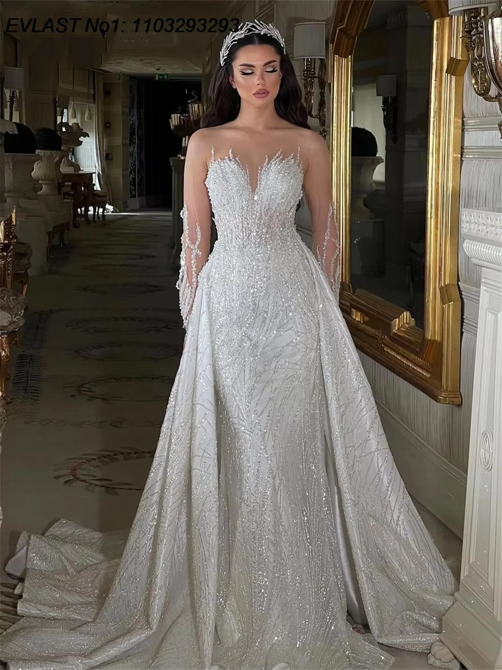 EVLAST Angepasst Romantische 2025, Spitze Langarm Meerjungfrau Hochzeit Kleid Applique Perlen Frauen Braut Kleid Vestidos De Novia TMD80