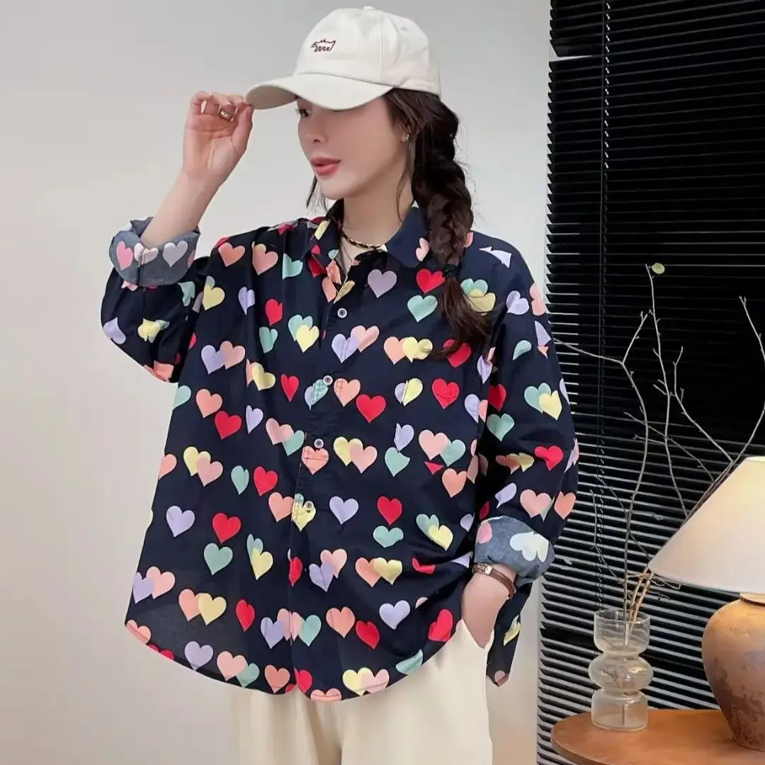 Vintage Heart-shaped Printed Blouse for Women Summer Tops Stylish Turn-down Collar Oversized Shirts Plus Size Women's Clothing