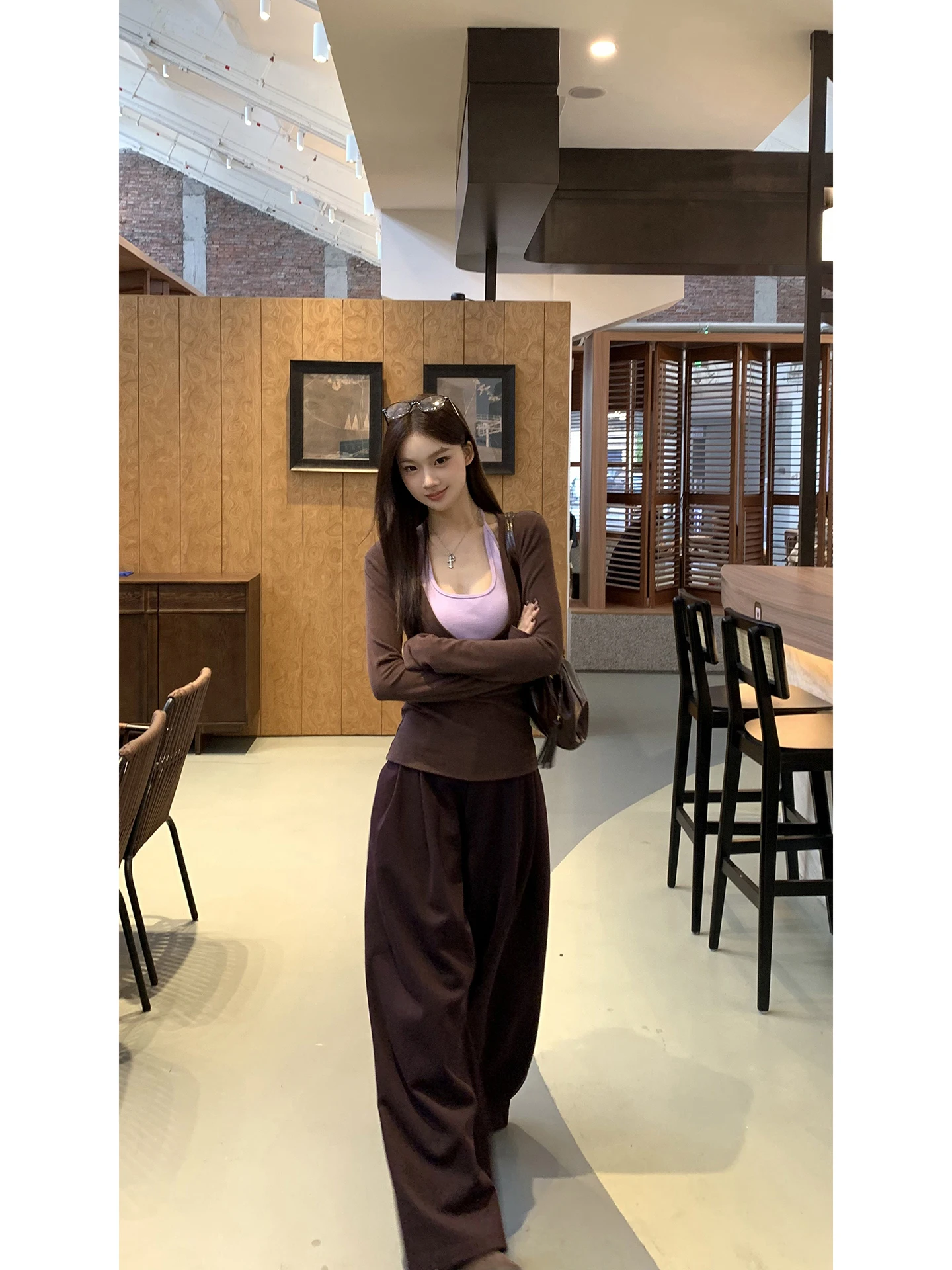 Calças Largas Casuais Roxas Únicas Moda Fena 2025 Novas Calças de Inverno de Cintura Baixa Tubo Reto em Fibra de Poliéster