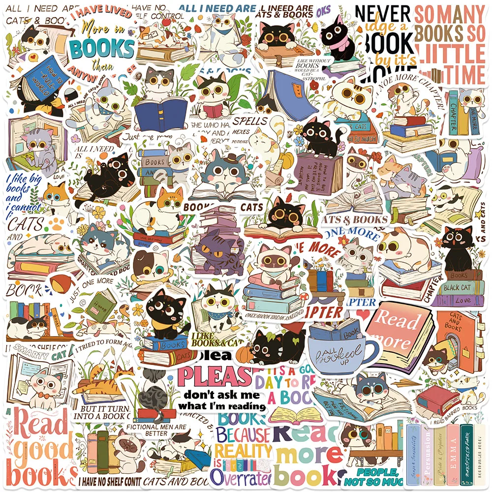 

60PCS Cute Kitty and Book Stickers Cartoon Toy Graffiti Decals For Laptop Suitcase Refrigerator Scrapbook DIY Animals Stickers