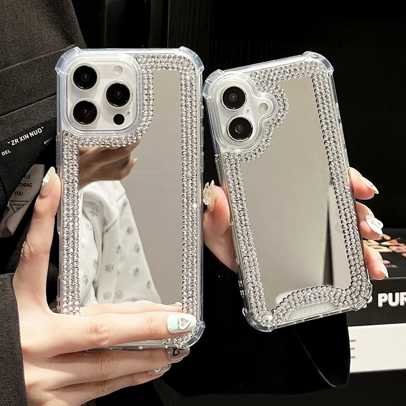 Luxury Rhinestone Makeup Mirror Phone Case For iPhone 16 15 14 13 12 11 Pro Max Fashion Shockproof Cover