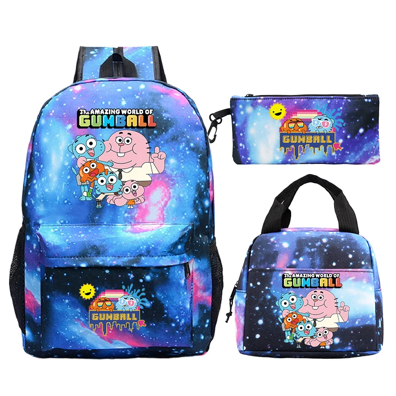 3Pcs/set The Amazing World of Gumball Backpack Travel Outdoor Daypack Boy Girl Schoolbag Kids Casual Rucksack Lunch Bag Pen Bag