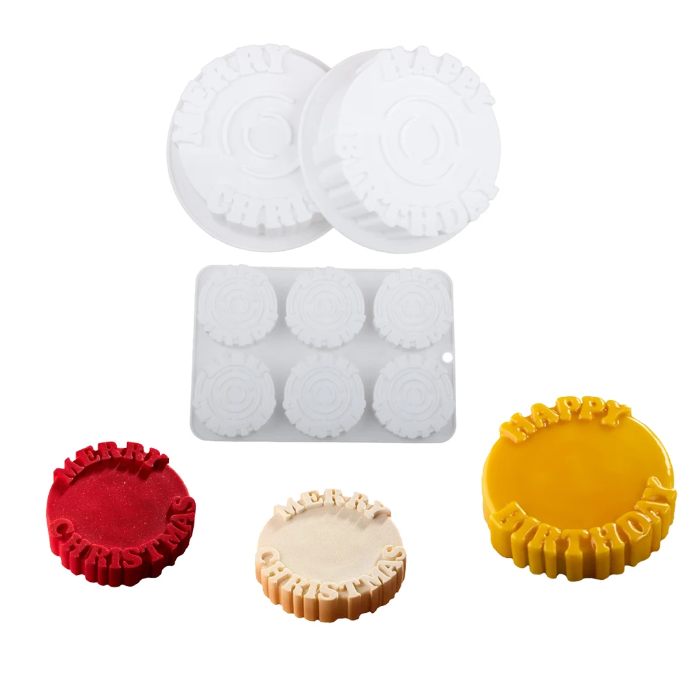 Silikonform mit 6 Mulden, die Weihnachts- und Geburtstagsthemen kombinieren. Runde Mousse-Kuchenform, Backform für Desserts im französischen Stil