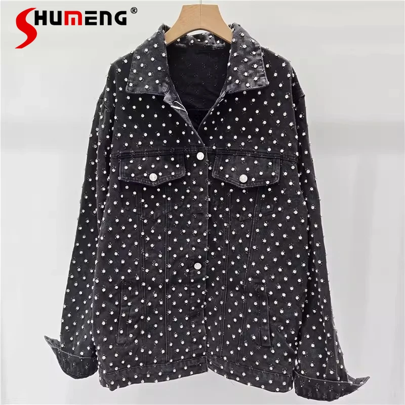 

Fashion Rhinestone Decoration Denim Jackets Women 2026 Spring New Loose Comfort Versatile Jackets Long Sleeve Mid-Length Coats