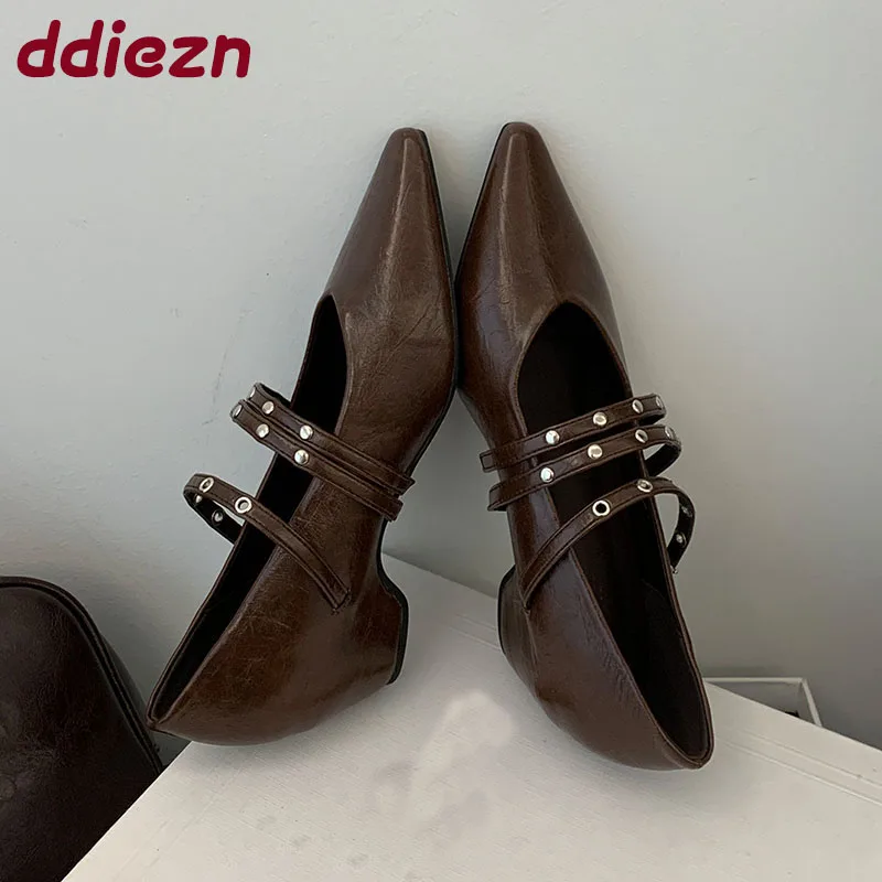 Calzado con correa y hebilla a la moda, zapatos Mary Jane de tacón bajo para mujer, zapatos de tacón poco profundos con punta estrecha para mujer