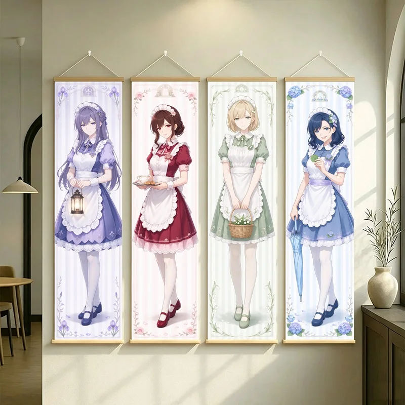 Anime Maid Girls Wall Scroll with Purple Burgundy Green and Blue Dresses in Elegant Floral Illustrations for a Bedroom