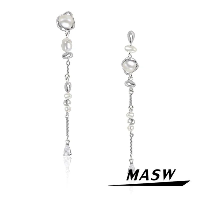 MASW Original Design Cool Cold Trend Natural Pearl Long Dangle Earrings For Women Girl Gift Fashion Jewelry Accessories