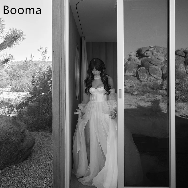 

Booma Elegant A-Line Wedding Dresses Off The Shoulder Side Split Tull Full-Sleeve Brides Gown Custom Made 2025