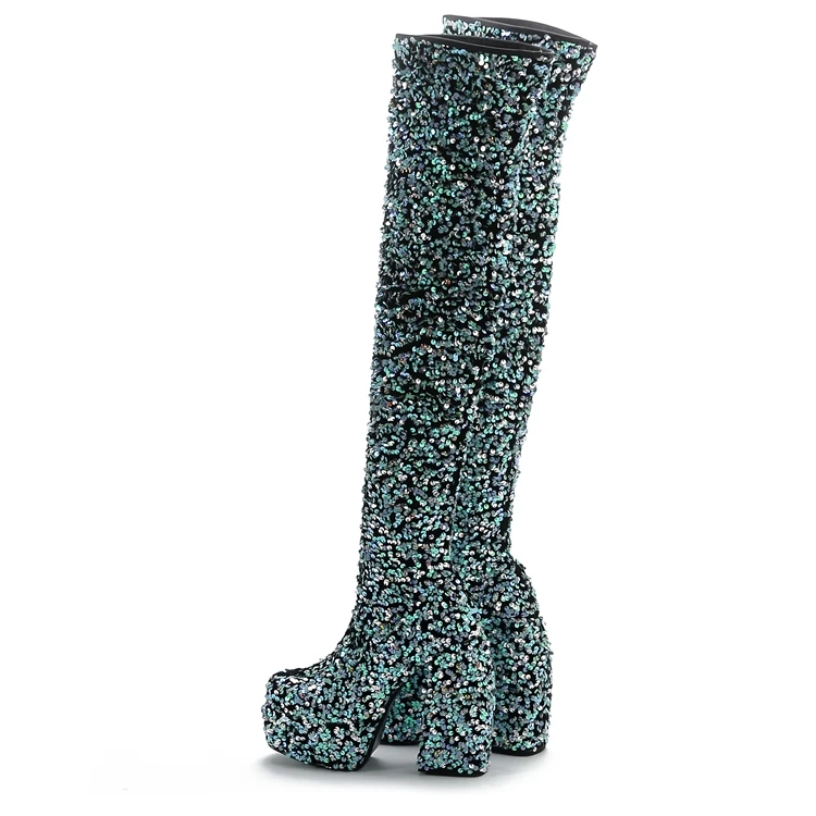 Laser Green Bling Bling Thigh Boots High Platform Chunky Heels Full Stretch Sequins Stage Performance Shoes Slip On Long Boots