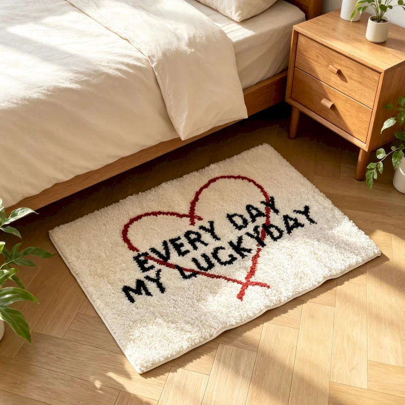 VIKAMA My Lucky Day Every Day Door Mat Soft, Absorbent, Anti slip Carpet Cream Plush Love Bath Mat Home Decoration