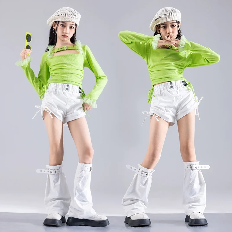Nieuwe Street Dance Meisjes Groep Kleding Jazzdans Lange Mouw Trekkoord Top Shorts Pak Hiphop Outfits Schoen Kleding DQL9991