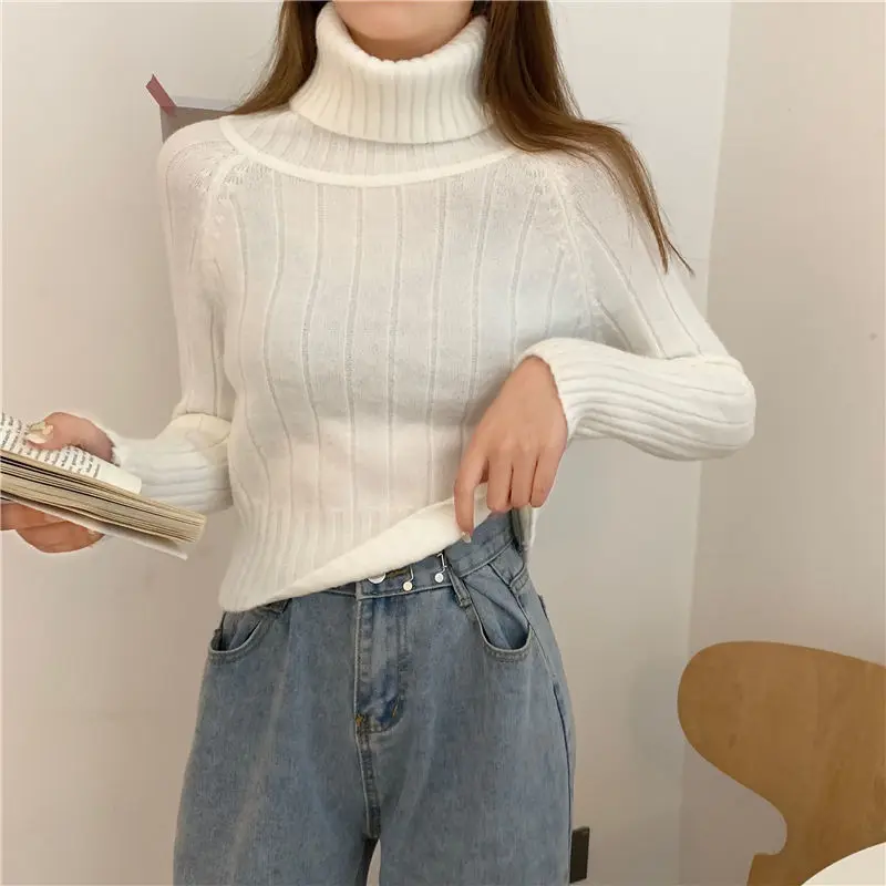 Y2K Turtleneck Women Sweater Fall Winter Korean Pullover Basic Tops Soft Knit Sweaters Vertical Striped Long Sleeve Bottom Shirt