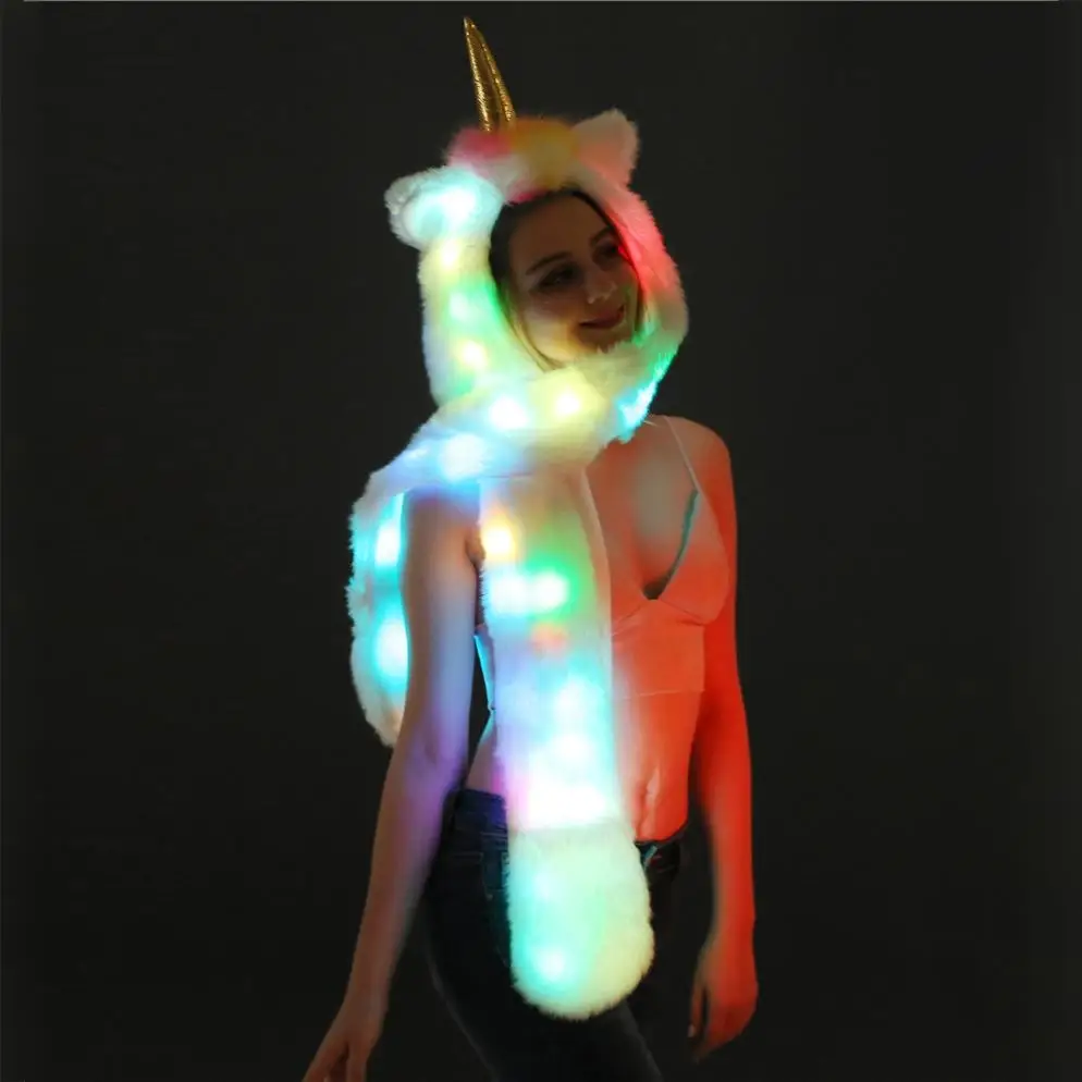 New LED-lit Unicorn Hat winterFashion Warm Long Scarf And GlovesMulti-Scene Artificial Animal Fur Hat（without battery）