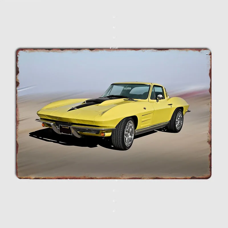 Yellow C2 Corvette Stingray Classic Sport Car Metal Sign Poster Garage Car Decoration Room Decor Automobile Club Tin Home Decor