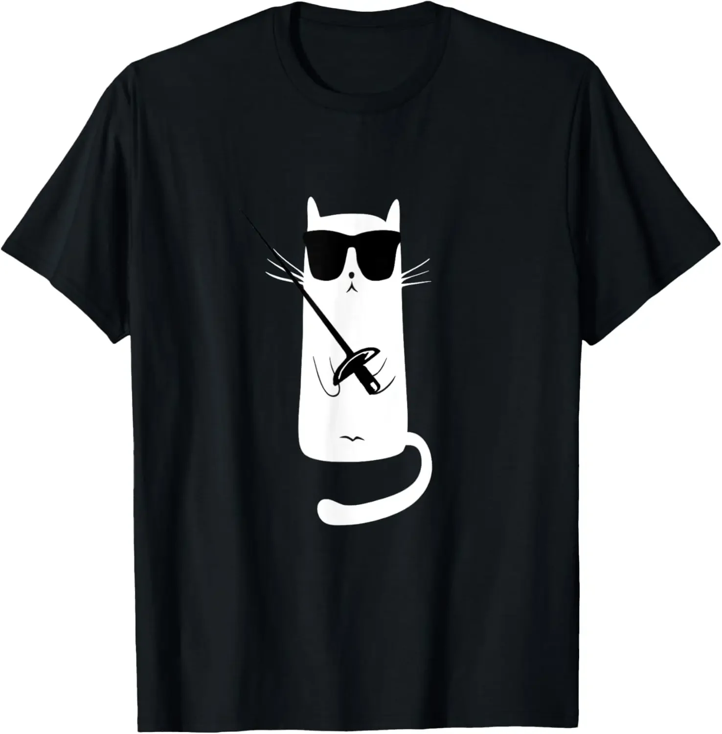 

Fencing Cat Wearing Sunglasses Graphic Tee Cool Fencer Gift Cotton Crewneck T-Shirt Casual Summer Unisex