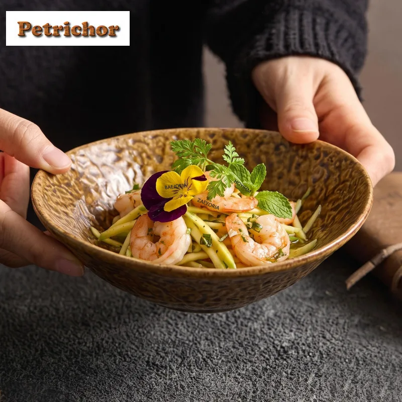 HOYIHM Reactive Glaze Rock Texture Bowl Food Bowls Fruit Dishes Serving Tray Vegetable Basin Sushi Ramen Bowls Dinner Cutlery