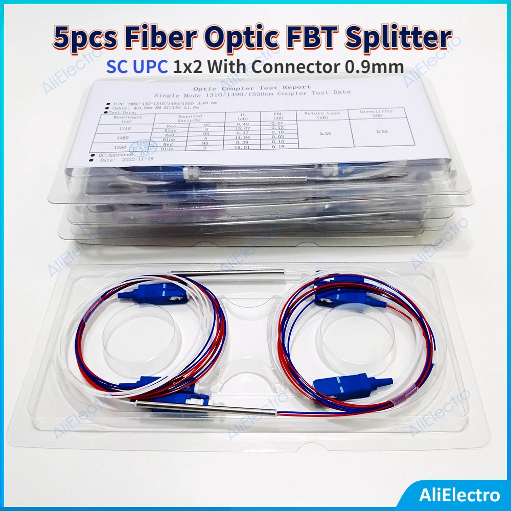 5pcs Fiber Optic FBT Splitter SC UPC 1x2 With Connector 0.9mm Unbalanced Coupler Optional Split Ratio 10/90 45/55 20/80