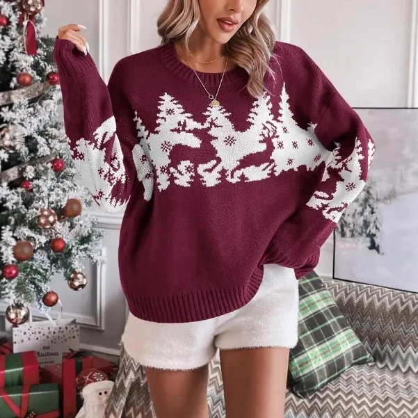 سترة فير آيل متماسكة 2025، نمط ندفة الثلج الرنة باللون الأحمر والأبيض، بلوفر برقبة دائرية لعيد الميلاد، بلوزة احتفالية للشتاء #1